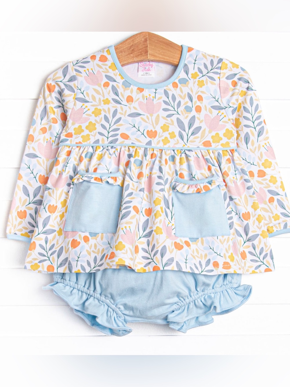 Stitchy Fish Foliage Frenzy dress diaper set long sleeve top baby girl bloomers